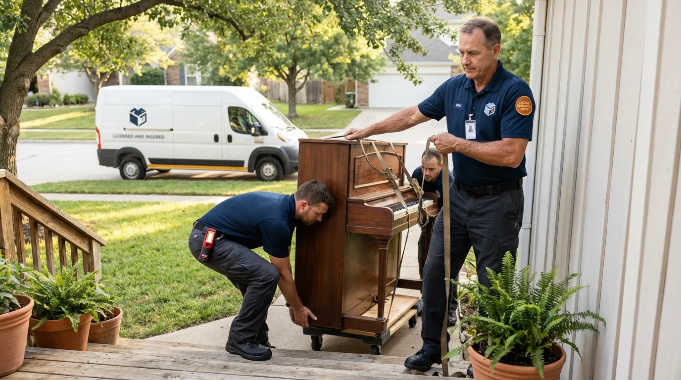 Licensed piano movers securing grand piano in Harlowton, MT