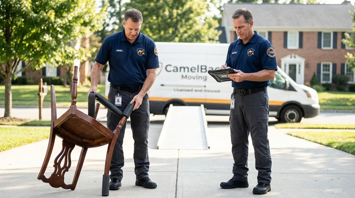 Movers inspecting furniture for damage prevention before loading in Harlowton, MT