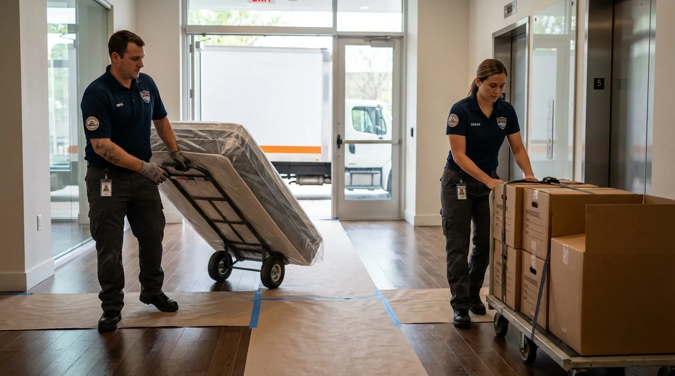 Professional apartment movers loading elevator in Harlowton, MT